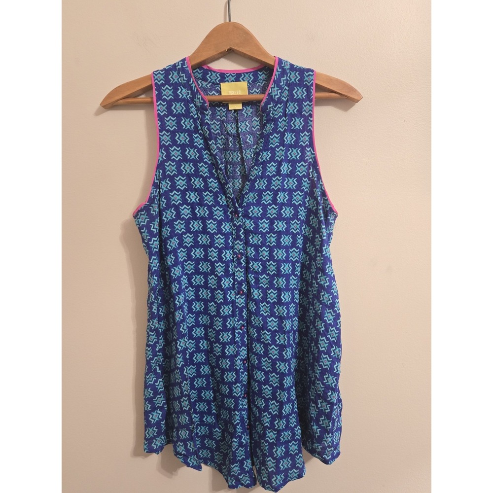 Maeve Anthropologie Ada Swing Blouse Women's 4 Blue Pink Aztec Sleeveless - Picture 3 of 10